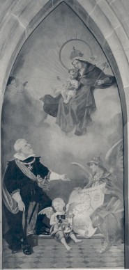 Das 1922 von G. Halter geschaffene Fresko zeigt König Ludwig III. (1845-1921) der sein Königreich der Patrona Bavariae (=Muttergottes) empfiehlt. Quelle: Touristikinformation Regensburg. Foto: G.und E. Voithenberg