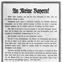 Plakat „An meine Bayern!“ mit einer Bekanntmachung zum vierten Jahrestag des Beginns des Ersten Weltkriegs