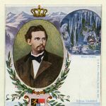 Postkarte mit König Ludwig II. und Schloss Linderhof mit der Blauen Grotte