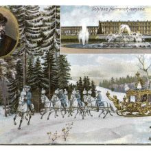 Postkarte mit König Ludwig II. auf einer Schlittenpartie im Wald vor Schloss Herrenchiemsee