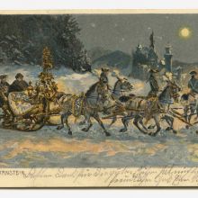 Postkarte mit König Ludwig II. auf einer nächtlichen Schlittenpartie im Wald vor Schloss Neuschwanstein