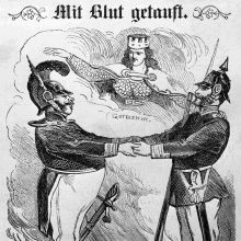 Karikatur zur Verbrüderung Bayerns und Preußens im Jahre 1870