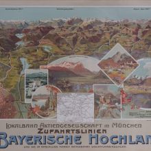 Werbeplakat der „Localbahn Aktiengesellschaft in München“ für Zugverbindungen ins Voralpenland und in die Alpen von 1908