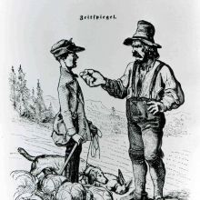 Karikatur „Zeitspiegel“, ein Bauer verjagt einen jagenden Grundherrn (1847)
